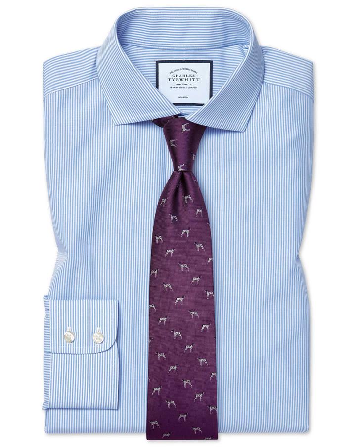  Extra Slim Fit Non-iron Cutaway Sky Blue Bengal Stripe Cotton Dress Shirt Single Cuff Size 14.5/32 By Charles Tyrwhitt