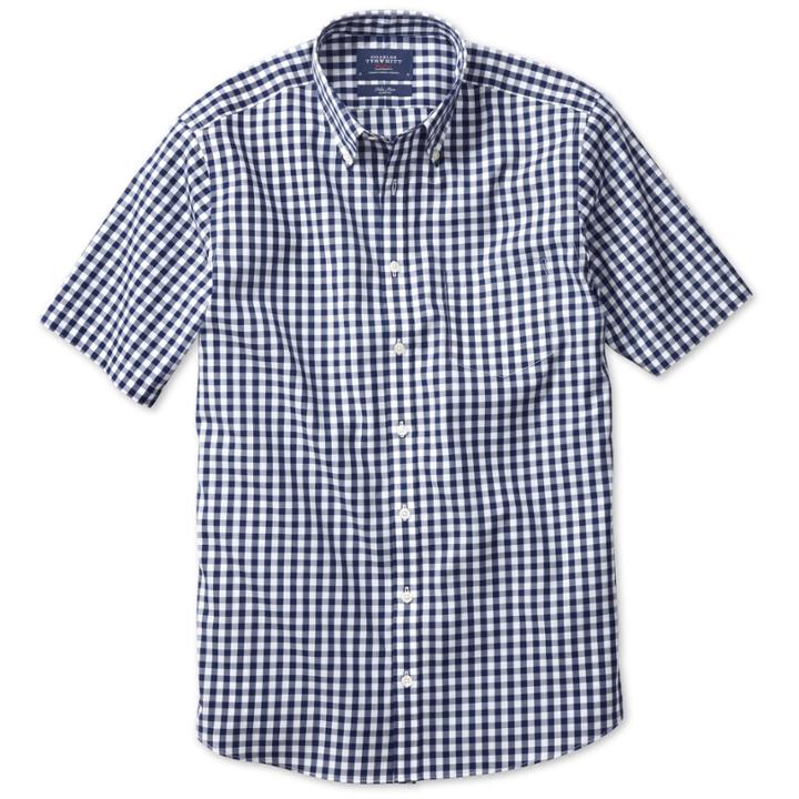 Charles Tyrwhitt Charles Tyrwhitt Navy Gingham Short Sleeve Non-iron Slim Fit Shirt (l)