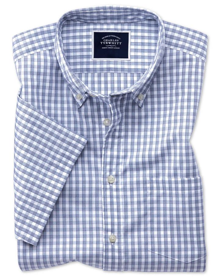  Slim Fit Navy Short Sleeve Gingham Soft Washed Non-iron Tyrwhitt Cool Cotton Casual Shirt Single Cuff Size Large By Charles Tyrwhitt