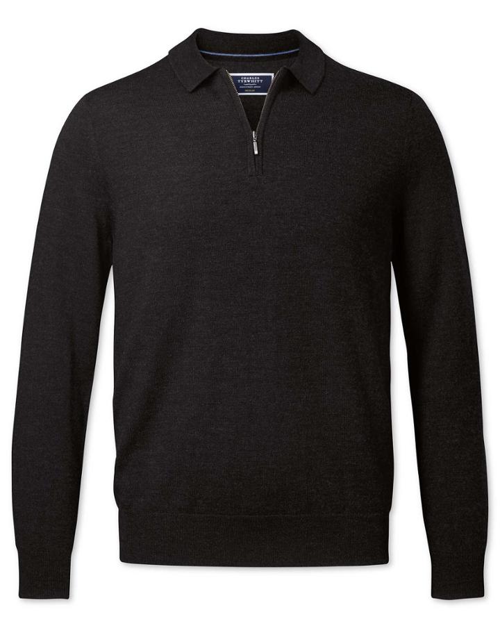  Dark Charcoal Merino Zip Merino Wool Polo Collar Merino Wool Jumper Size Large By Charles Tyrwhitt