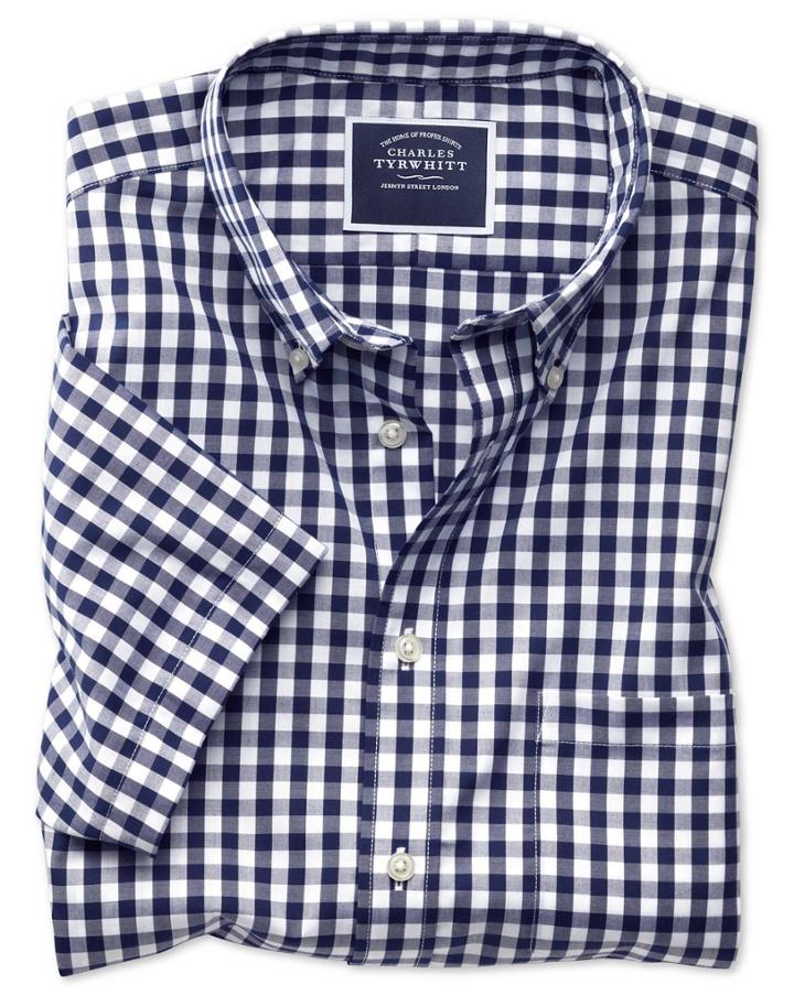 Charles Tyrwhitt Slim Fit Button-down Non-iron Poplin Short Sleeve Navy Gingham Cotton Casual Shirt Single Cuff Size Large By Charles Tyrwhitt
