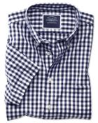 Charles Tyrwhitt Slim Fit Button-down Non-iron Poplin Short Sleeve Navy Gingham Cotton Casual Shirt Single Cuff Size Large By Charles Tyrwhitt