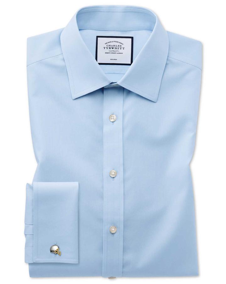  Classic Fit Sky Blue Non-iron Poplin Cotton Dress Shirt Single Cuff Size 15.5/33 By Charles Tyrwhitt