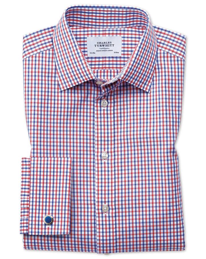 Charles Tyrwhitt Extra Slim Fit Two Color Check Red And Blue Cotton Dress Shirt French Cuff Size 14.5/33 By Charles Tyrwhitt