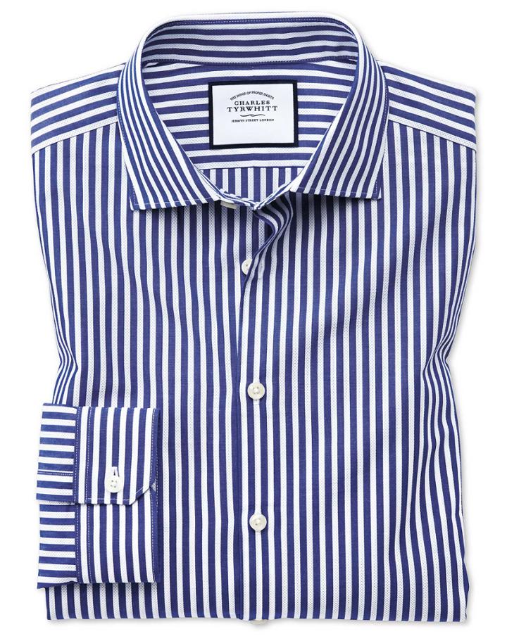 Super Slim Fit Business Casual Leno Texture Blue And White Stripe Cotton Dress Shirt Single Cuff Size 14.5/32 By Charles Tyrwhitt
