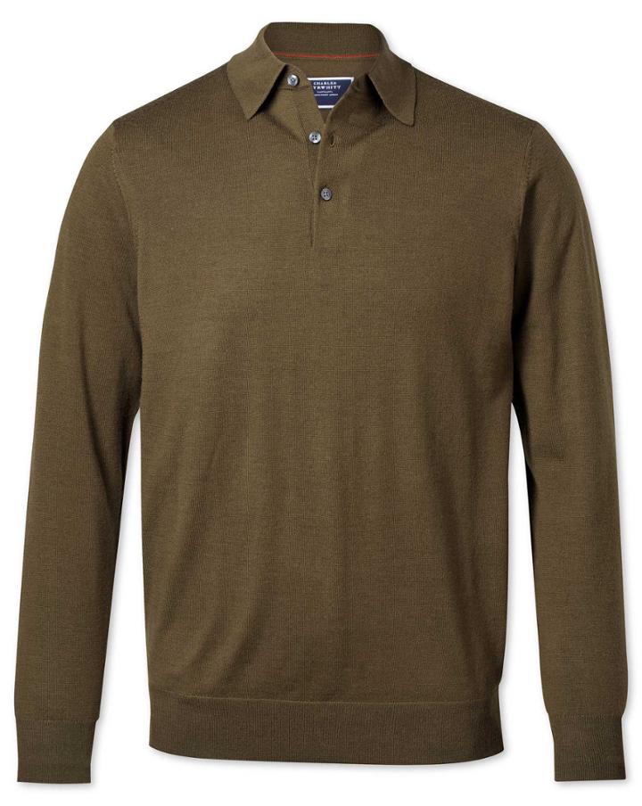  Olive Wool Polo Collar Merino Sweater Size Small By Charles Tyrwhitt