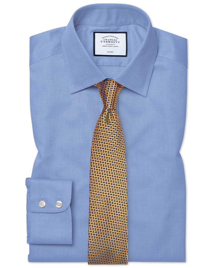  Classic Fit Non-iron Blue Royal Panama Cotton Dress Shirt Single Cuff Size 15/33 By Charles Tyrwhitt