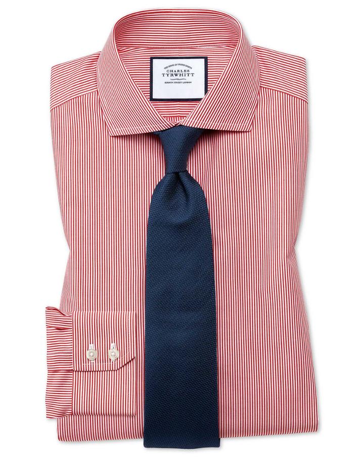 Charles Tyrwhitt Extra Slim Fit Spread Collar Non-iron Bengal Stripe Red Cotton Dress Shirt French Cuff Size 15.5/32 By Charles Tyrwhitt