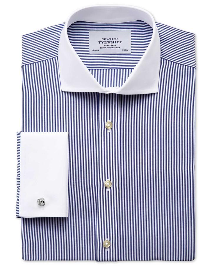 Charles Tyrwhitt Charles Tyrwhitt Slim Fit Spread Collar Non-iron Bengal Stripe Navy Winchester Cotton Dress Shirt Size 14.5/32