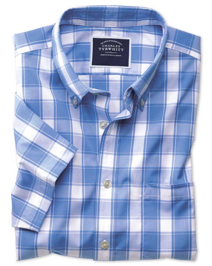  Slim Fit Non-iron Blue Check Short Sleeve Cotton Casual Shirt Single Cuff Size Small By Charles Tyrwhitt