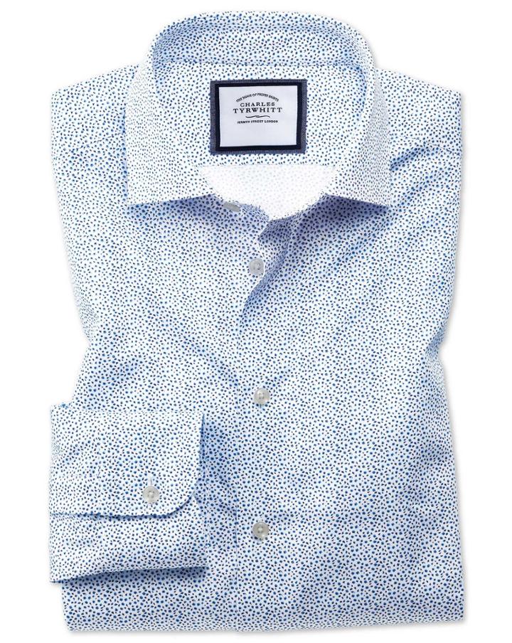 Charles Tyrwhitt Slim Fit Semi-spread Collar Business Casual White And Blue Ditsy Print Cotton Dress Shirt Single Cuff Size 14.5/32 By Charles Tyrwhitt