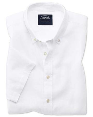  Slim Fit White Cotton Linen Twill Short Sleeve Cotton/linen Casual Shirt Single Cuff Size Small By Charles Tyrwhitt