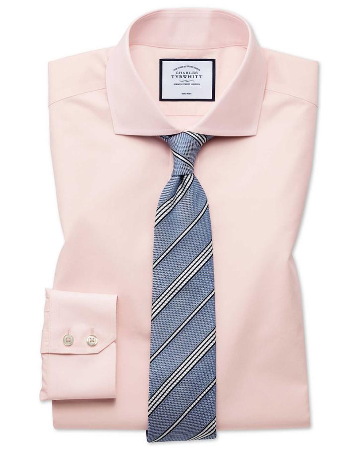  Slim Fit Non-iron Tyrwhitt Cool Poplin Peach Cotton Dress Shirt Single Cuff Size 14.5/33 By Charles Tyrwhitt
