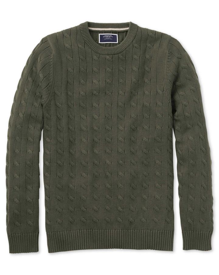  Olive Pima Cotton Cable Crew Neck Sweater Size Large By Charles Tyrwhitt