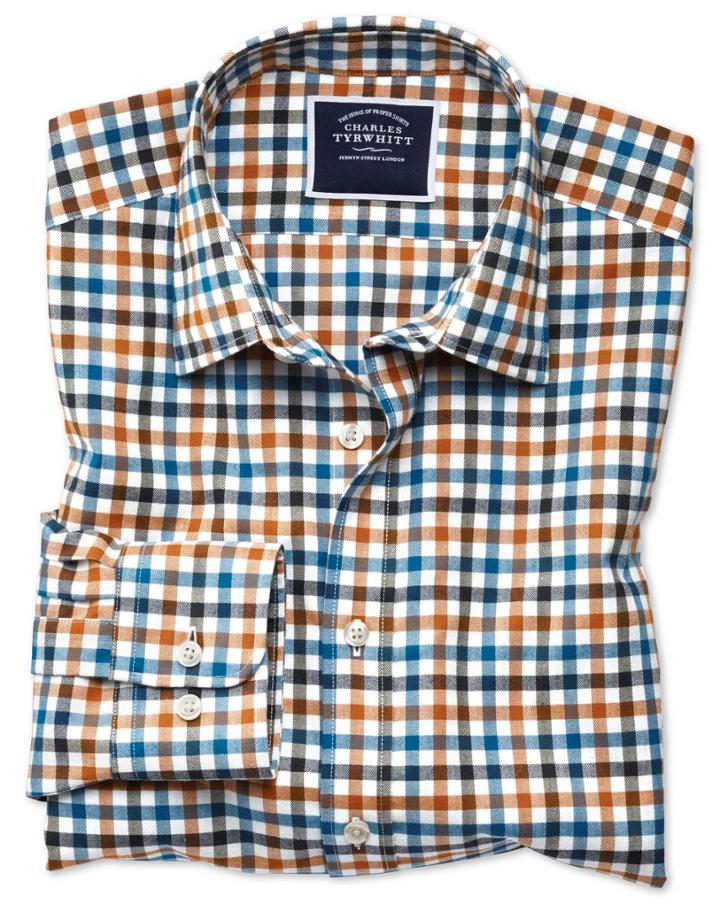  Slim Fit Dark Yellow Gingham Block Check Flannel Cotton Casual Shirt Single Cuff Size Large By Charles Tyrwhitt