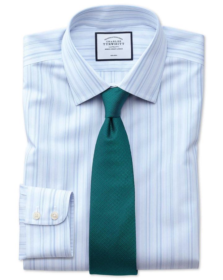  Extra Slim Fit Non-iron Blue Multi Stripe Cotton Dress Shirt French Cuff Size 14.5/33 By Charles Tyrwhitt