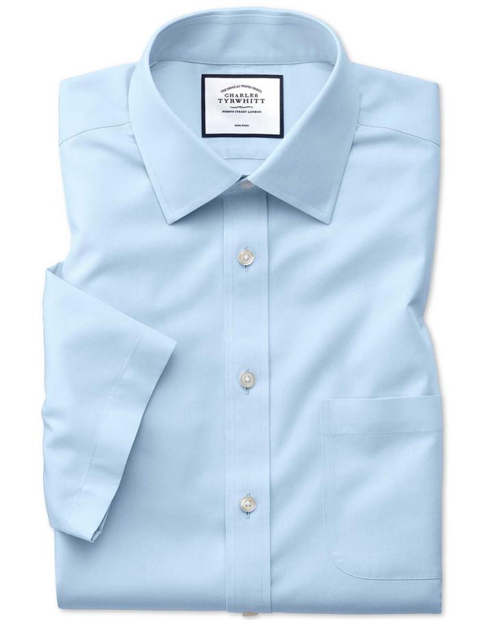  Classic Fit Non-iron Natural Cool Short Sleeve Sky Blue Cotton Dress Shirt Size 15.5/short By Charles Tyrwhitt