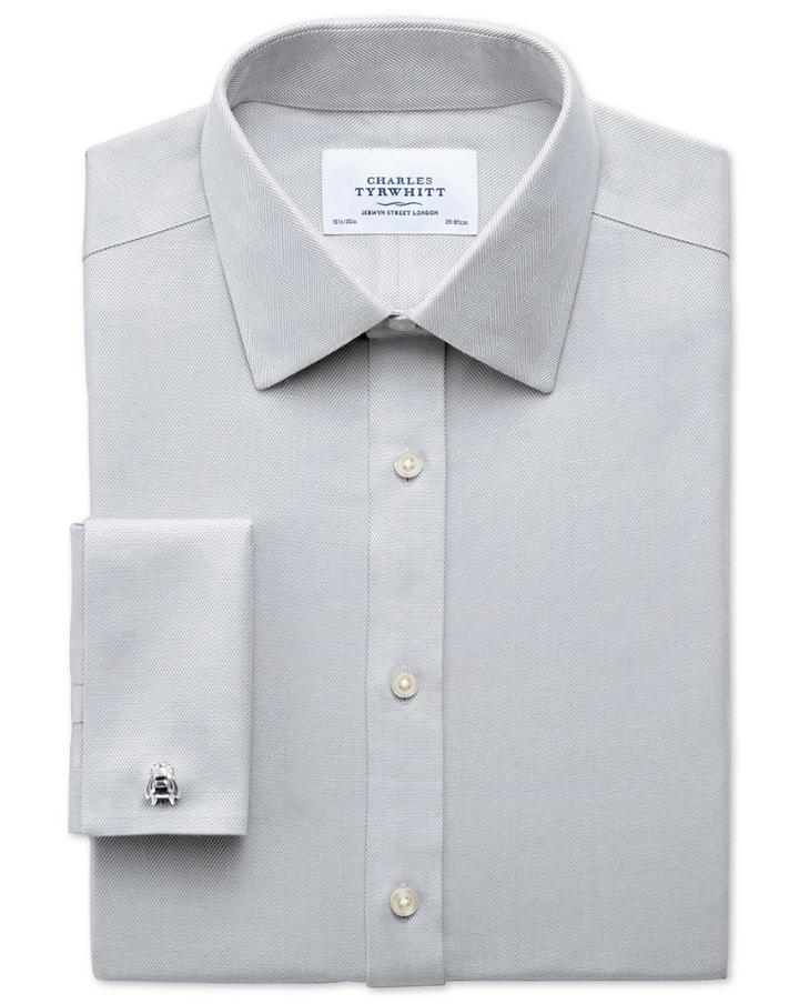 Charles Tyrwhitt Classic Fit Non-iron Herringbone Grey Cotton Dress Shirt French Cuff Size 15/34 By Charles Tyrwhitt