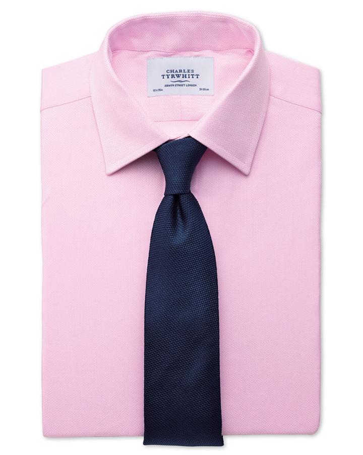 Charles Tyrwhitt Slim Fit Small Herringbone Pink Cotton Dress Shirt Single Cuff Size 14.5/33 By Charles Tyrwhitt