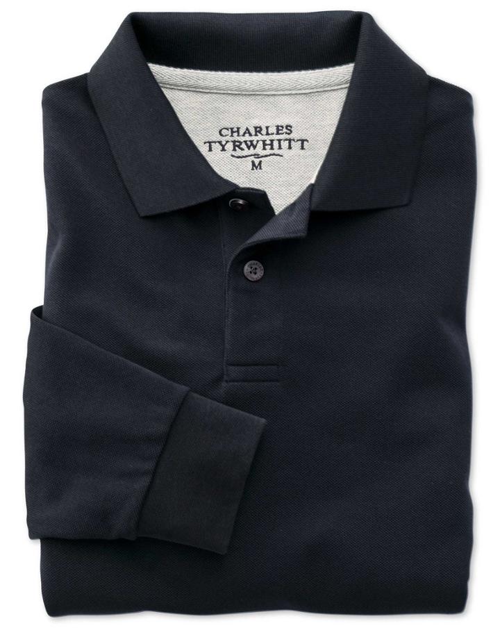 Charles Tyrwhitt Charles Tyrwhitt Classic Fit Navy Pique Long Sleeve Polo Shirt