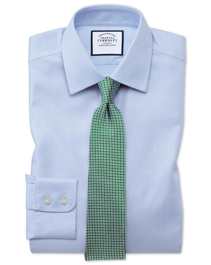  Classic Fit Non-iron Step Weave Sky Blue Cotton Dress Shirt French Cuff Size 17.5/34 By Charles Tyrwhitt