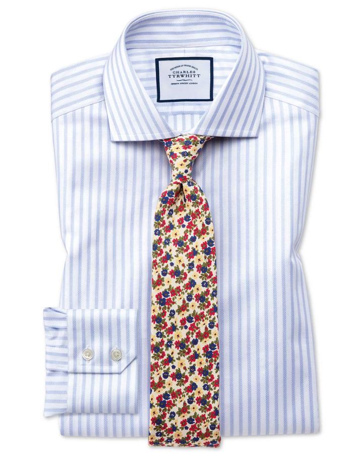  Slim Fit Spread Collar Textured Stripe Blue And White Cotton Dress Shirt Single Cuff Size 16.5/33 By Charles Tyrwhitt