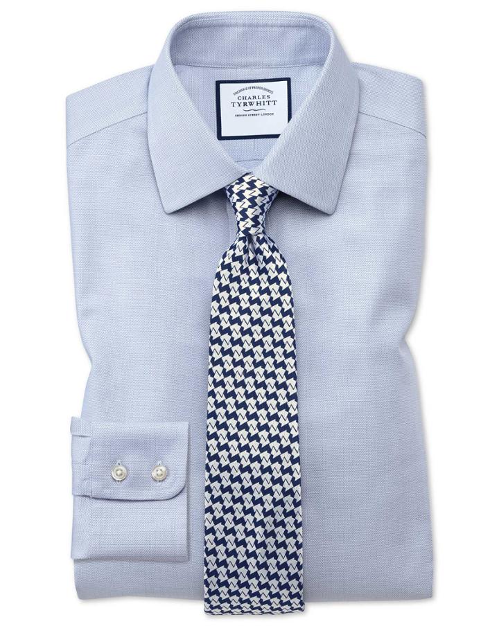  Extra Slim Fit Non-iron Step Weave Mid Blue Cotton Dress Shirt French Cuff Size 16/36 By Charles Tyrwhitt