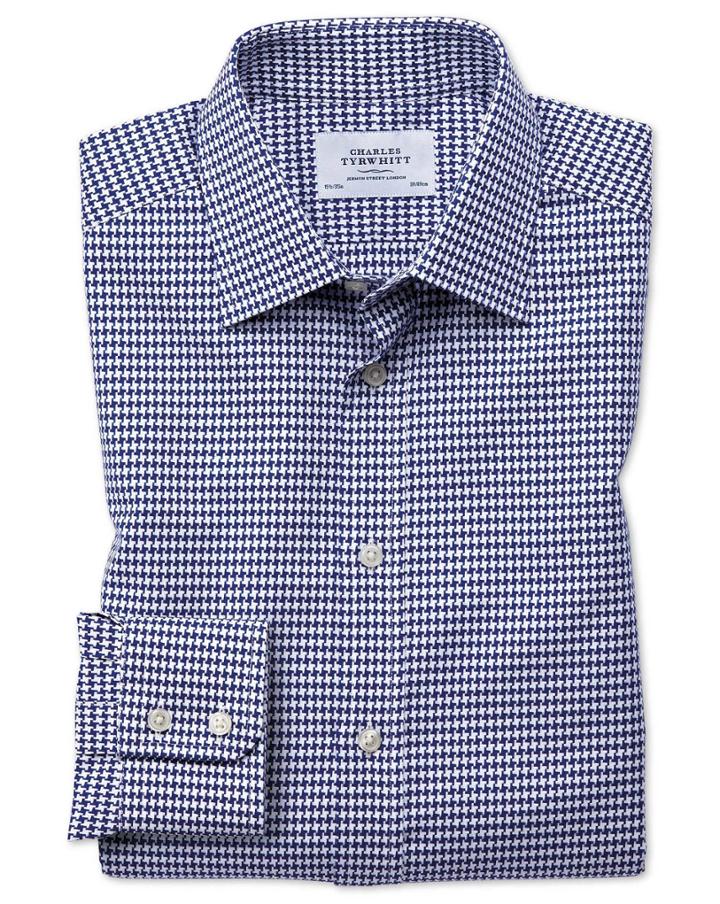 Charles Tyrwhitt Classic Fit Large Puppytooth Blue Cotton Dress Casual Shirt Single Cuff Size 15.5/33 By Charles Tyrwhitt