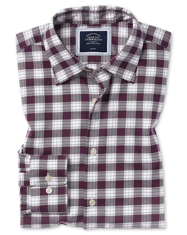  Extra Slim Fit Berry And White Check Soft Wash Non-iron Stretch Oxford Cotton Casual Shirt Single Cuff Size Large By Charles Tyrwhitt