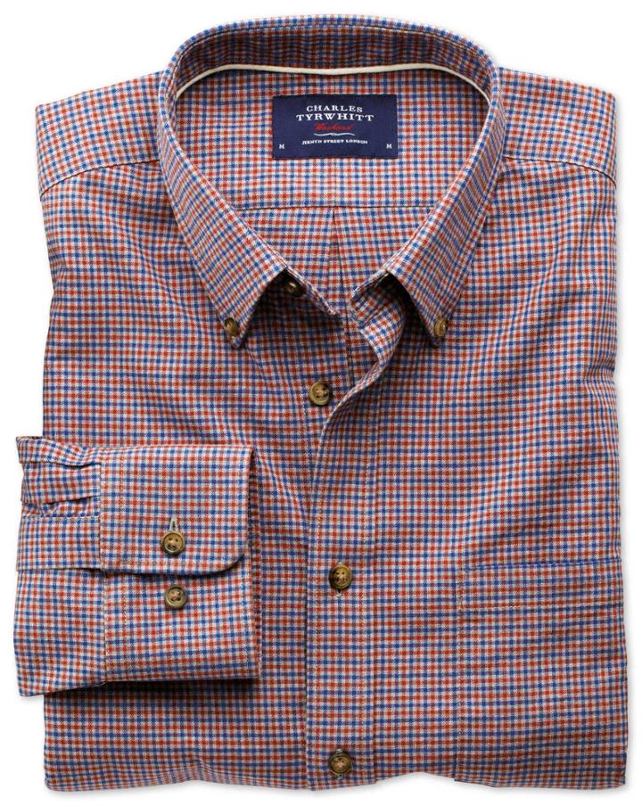Charles Tyrwhitt Charles Tyrwhitt Classic Fit Blue And Orange Check Tweed Look Cotton Dress Shirt Size Large