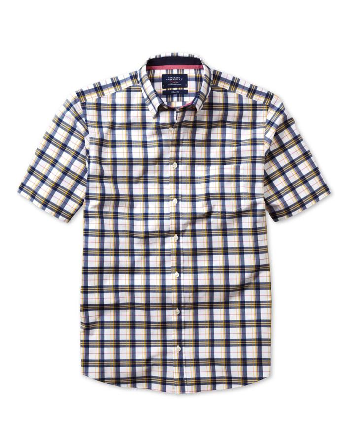 Charles Tyrwhitt Charles Tyrwhitt Slim Fit Multi Check Washed Favorite Navy And Yellow Short Sleeve Shirt