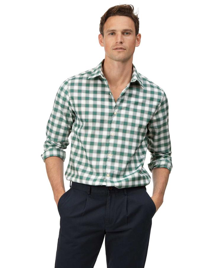  Extra Slim Fit Green And White Check Soft Wash Non-iron Stretch Oxford Cotton Casual Shirt Single Cuff Size Medium By Charles Tyrwhitt