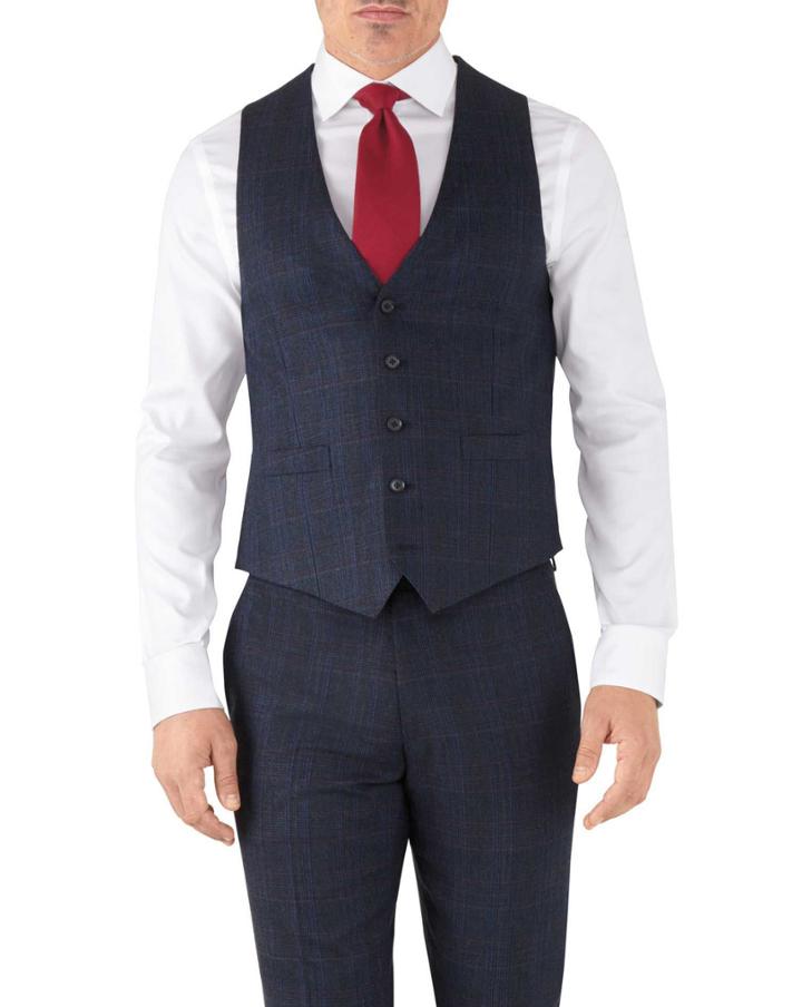 Charles Tyrwhitt Blue Prince Of Wales Adjustable Fit Flannel Business Suit Wool Vest Size W38 By Charles Tyrwhitt