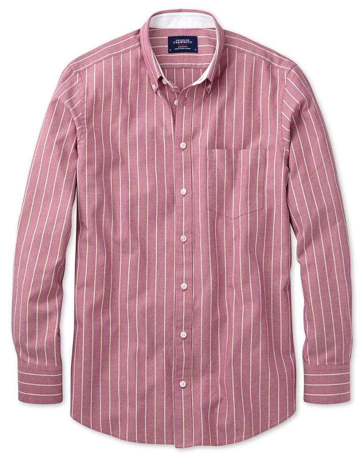 Charles Tyrwhitt Extra Slim Fit Magenta Stripe Washed Oxford Cotton Casual Shirt Single Cuff Size Large By Charles Tyrwhitt