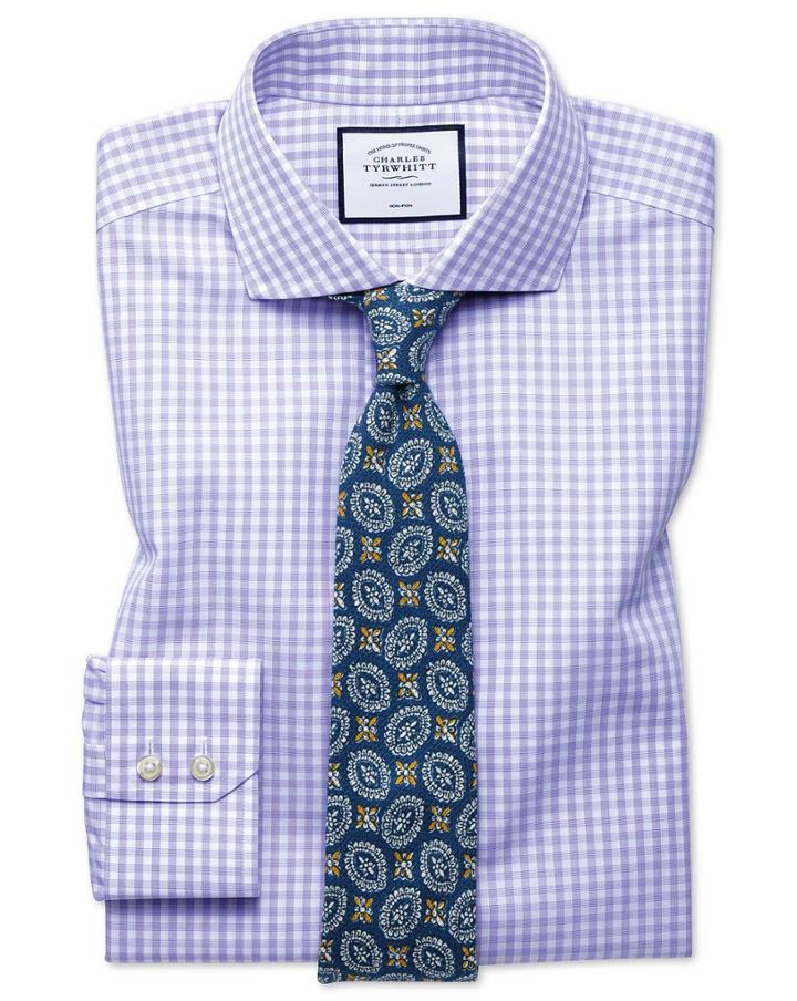  Slim Fit Non-iton Purple Check Tyrwhitt Cool Cotton Dress Shirt Single Cuff Size 14.5/33 By Charles Tyrwhitt