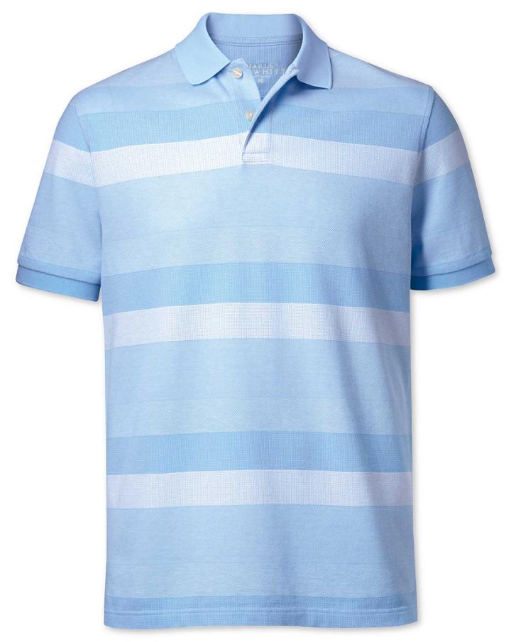  Sky Blue And White Textured Stripe Cotton Polo Size Large By Charles Tyrwhitt