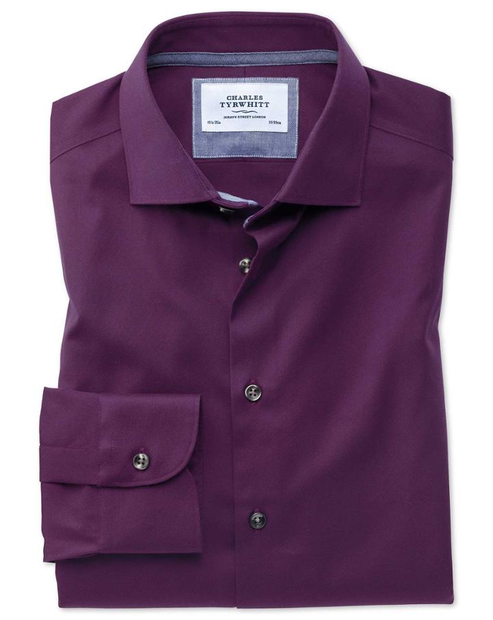 Charles Tyrwhitt Extra Slim Fit Semi-spread Collar Business Casual Non-iron Modern Textures Dark Purple Cotton Dress Shirt Single Cuff Size 14.5/33 By Charles Tyrwhitt