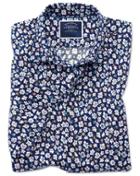 Slim Fit Floral Print Navy Short Sleeve Linen Cotton Casual Shirt Single Cuff Size Medium By Charles Tyrwhitt
