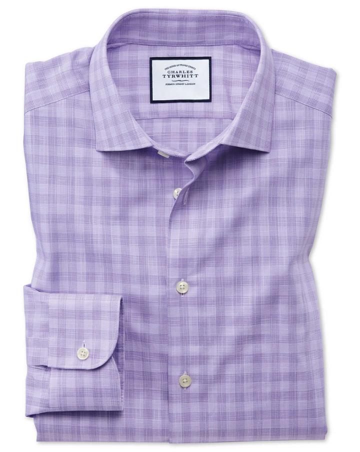  Extra Slim Fit Business Casual Egyptian Cotton Slub Lilac Check Dress Shirt Single Cuff Size 15/33 By Charles Tyrwhitt