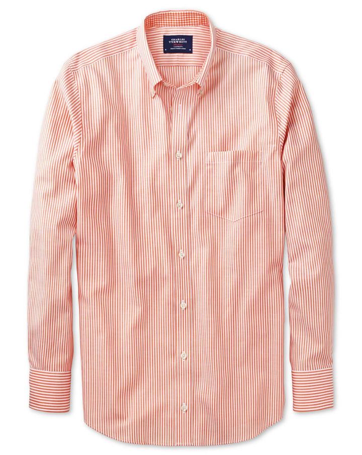 Charles Tyrwhitt Charles Tyrwhitt Classic Fit Non-iron Oxford Orange Bengal Stripe Cotton Dress Shirt Size Large