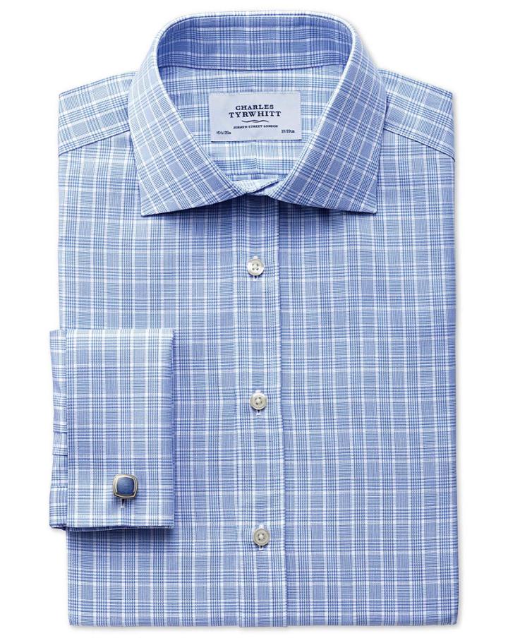 Charles Tyrwhitt Charles Tyrwhitt Classic Fit Prince Of Wales Sky Blue Cotton Dress Shirt Size 15/33