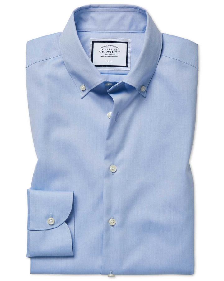  Extra Slim Fit Business Casual Non-iron Sky Blue Cotton Dress Shirt Single Cuff Size 14.5/32 By Charles Tyrwhitt