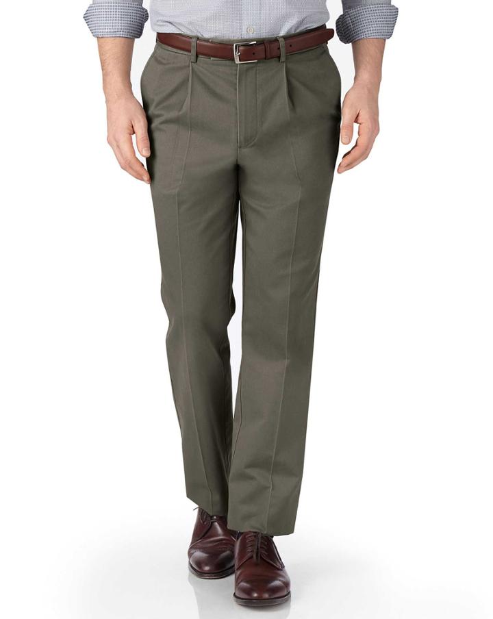 Charles Tyrwhitt Charles Tyrwhitt Olive Green Classic Fit Single Pleat Non-iron Cotton Chino Pants Size W30 L38