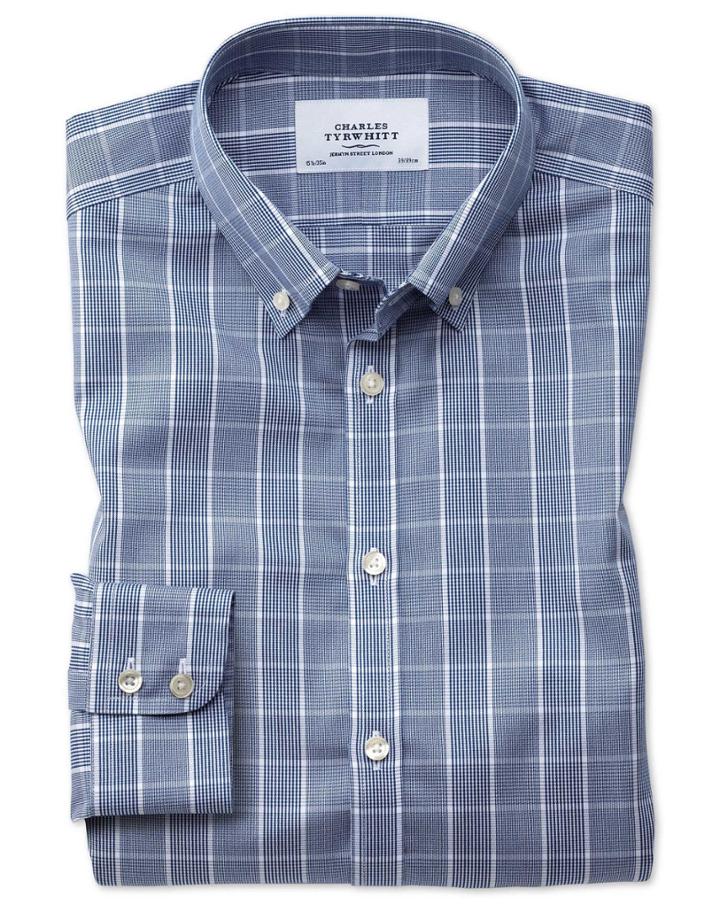 Charles Tyrwhitt Slim Fit Button-down Non-iron Prince Of Wales Navy Blue And White Cotton Dress Casual Shirt Single Cuff Size 15/33 By Charles Tyrwhitt
