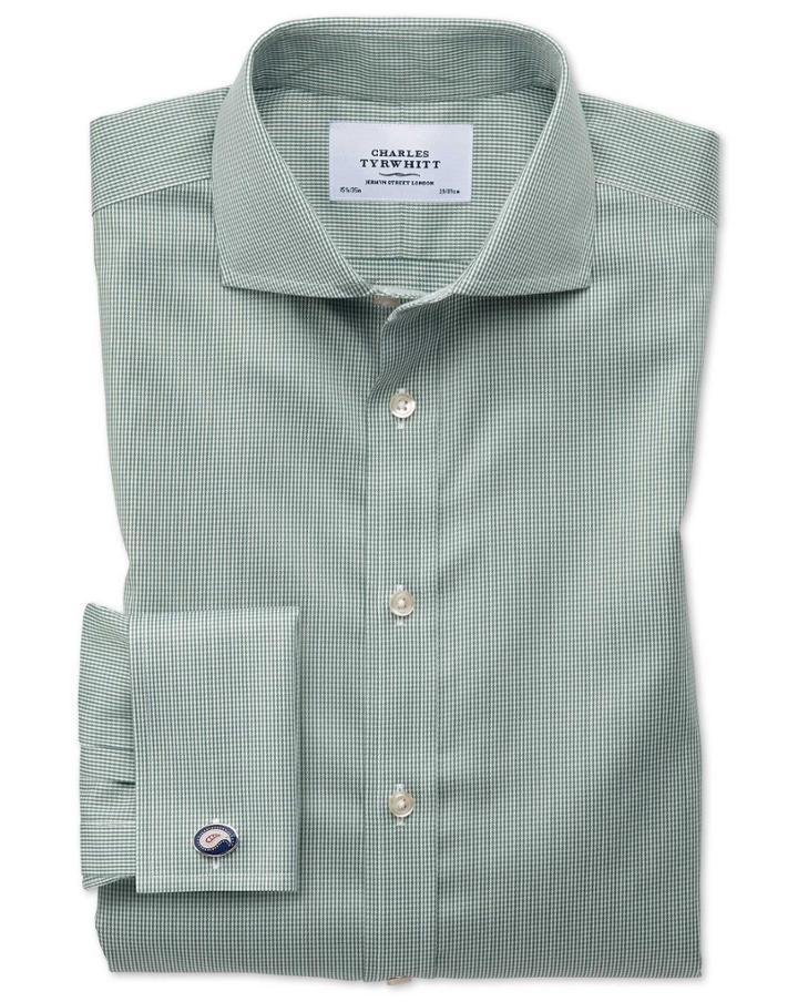 Charles Tyrwhitt Extra Slim Fit Spread Collar Non-iron Puppytooth Olive Cotton Dress Shirt French Cuff Size 15.5/34 By Charles Tyrwhitt