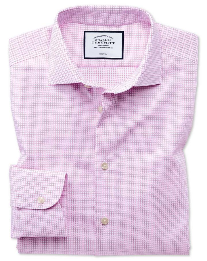  Slim Fit Business Casual Non-iron Modern Textures Pink Cotton Dress Shirt Single Cuff Size 15.5/35 By Charles Tyrwhitt