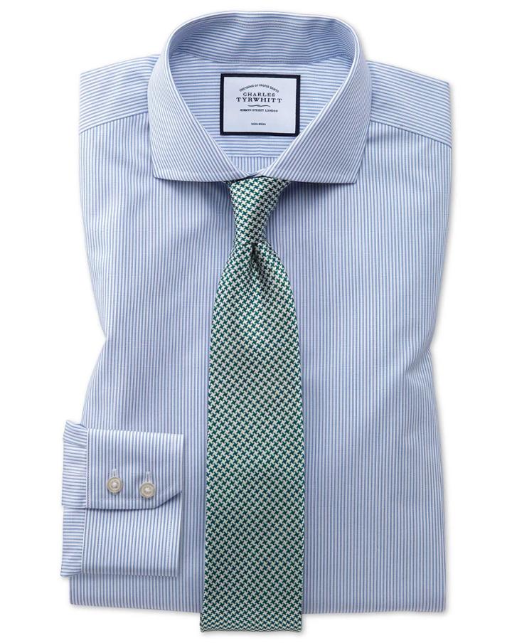  Extra Slim Fit Non-iron Natural Cool Blue Stripe Cotton Dress Shirt Single Cuff Size 14.5/33 By Charles Tyrwhitt