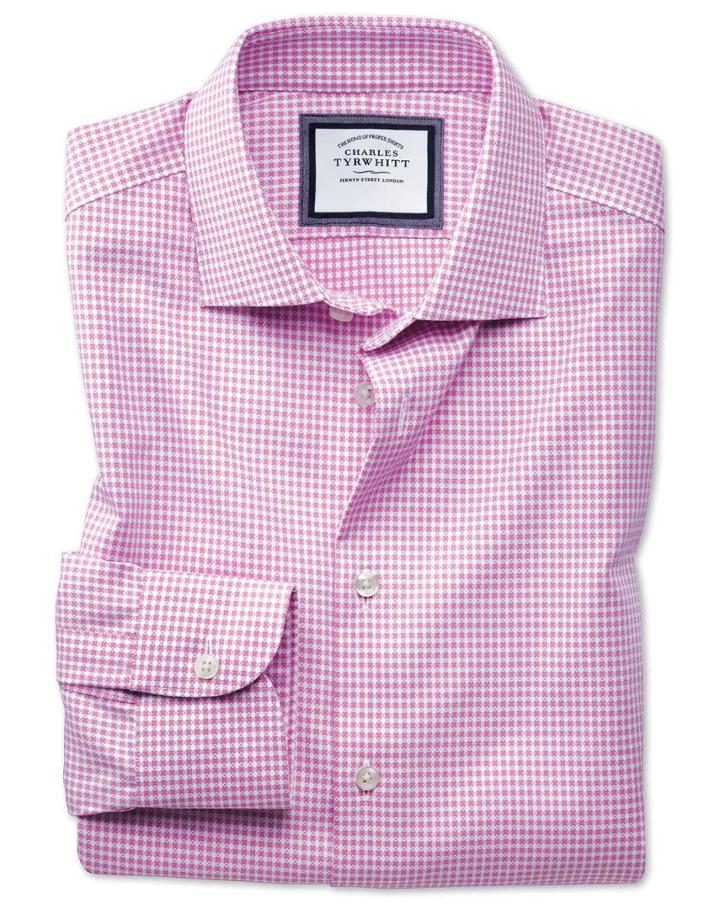 Charles Tyrwhitt Extra Slim Fit Semi-spread Collar Business Casual Non-iron Pink & White Spot Cotton Dress Shirt Single Cuff Size 14.5/32 By Charles Tyrwhitt