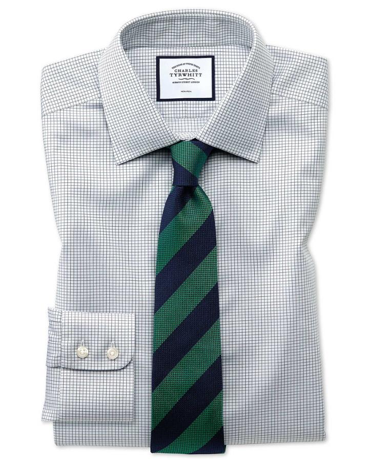  Slim Fit Non-iron Twill Mini Grid Check Grey Cotton Dress Shirt French Cuff Size 16/35 By Charles Tyrwhitt