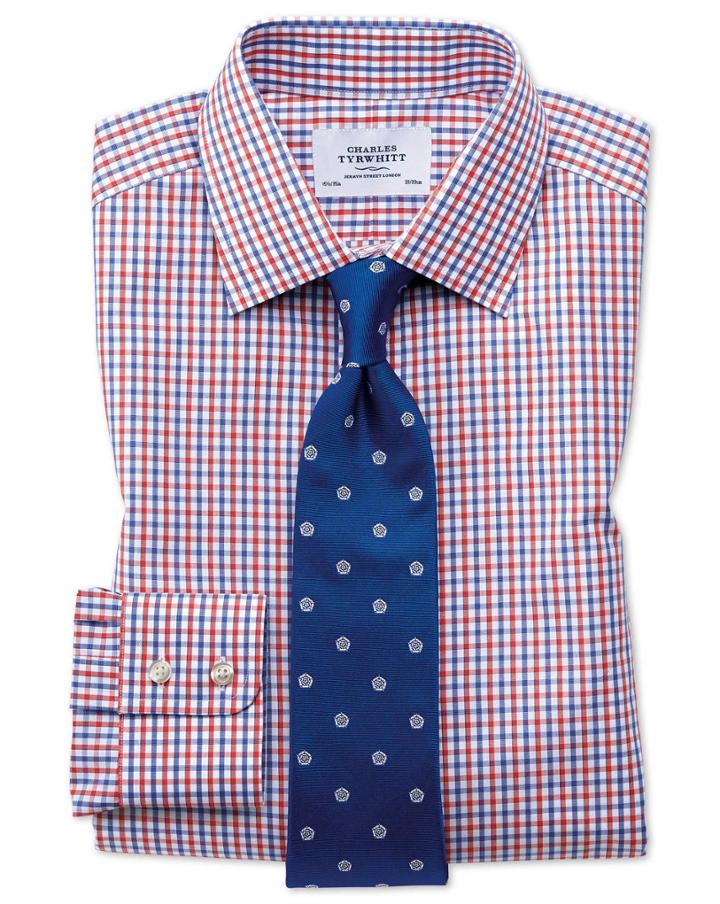  Extra Slim Fit Two Color Check Red And Blue Cotton Dress Shirt French Cuff Size 14.5/33 By Charles Tyrwhitt